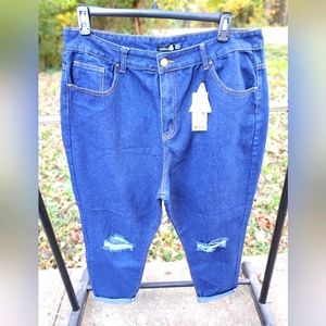 NWT Boohoo Blue Dark Wash Rip Knee Cuffed Jeans Size 16
